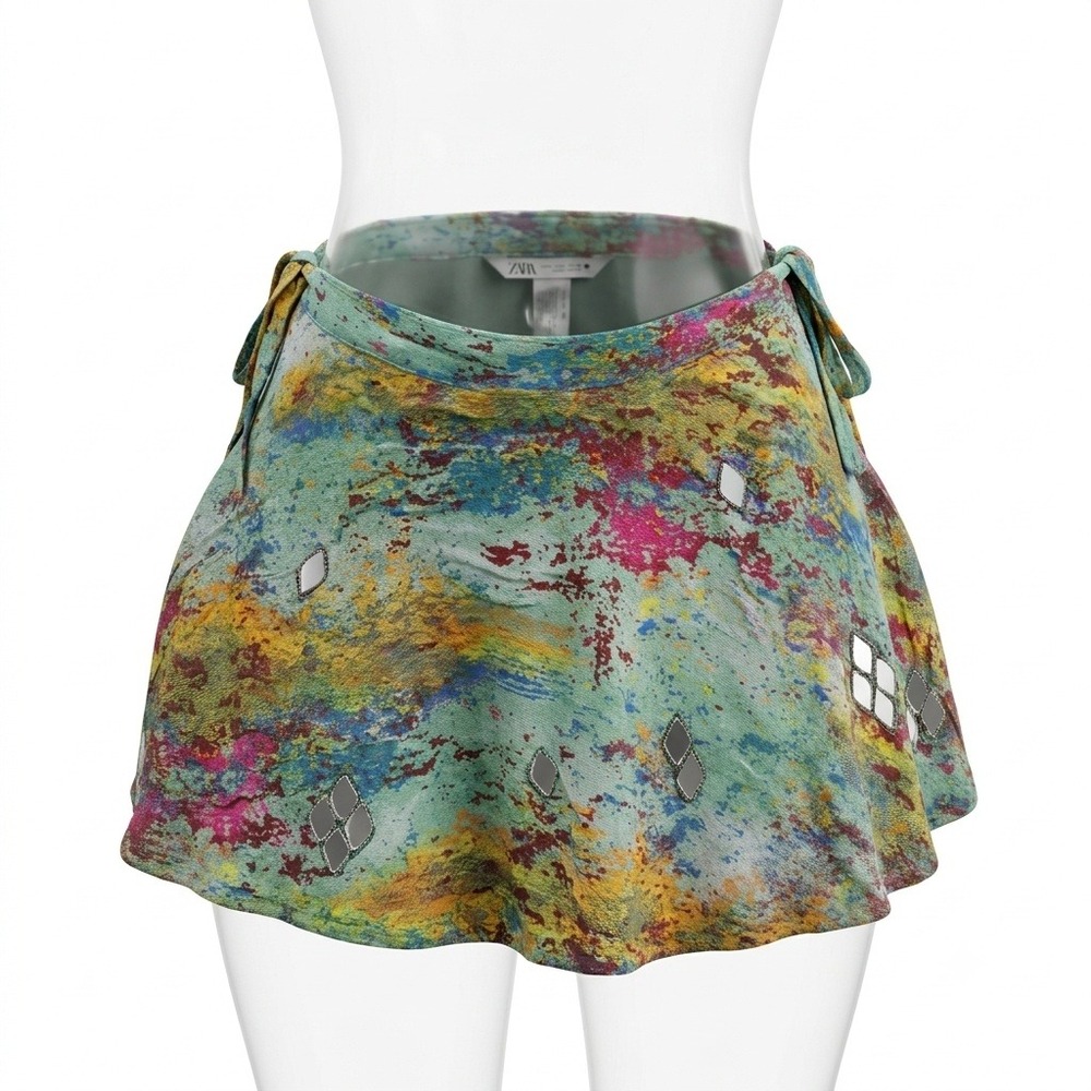 Zara Multicolor Abstract Mirror Embellished Tie Wrap Mini Skirt Festival Boho XS